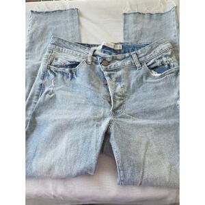 Tinseltown Womens Distressed Light Wash Crossover Button Fly Straight Leg Jeans